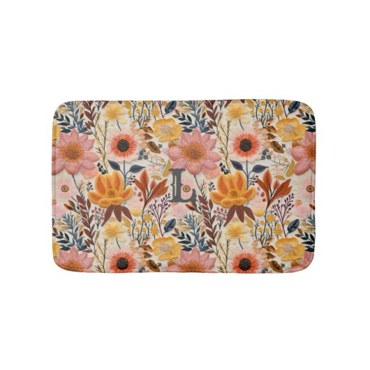 Tapis De Bain Monogramme de fleurs rose et jaune (Devant)