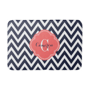 Tapis De Bain Monogramme de la Marine et de Coral Chevron