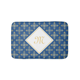 Tapis De Bain Monogramme de luxe Blue et Gold Quatre Floral