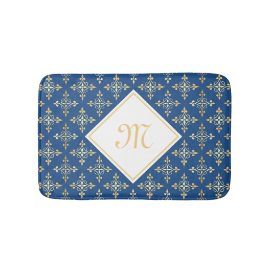 Tapis De Bain Monogramme de luxe Blue et Gold Quatre Floral (Devant)
