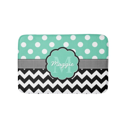 Tapis De Bain Monogramme de menthe Pois noire Chevron (Devant)