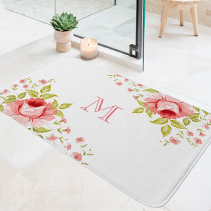 Tapis De Bain Monogramme de motif d'angle de roses roses Chic Ca