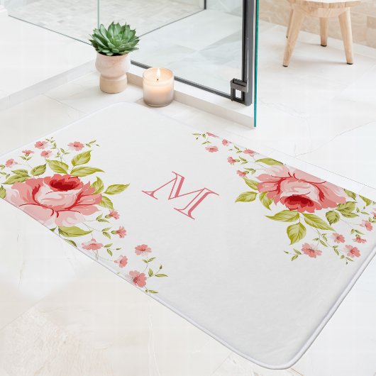 Tapis De Bain Monogramme de motif d'angle de roses roses de camp
