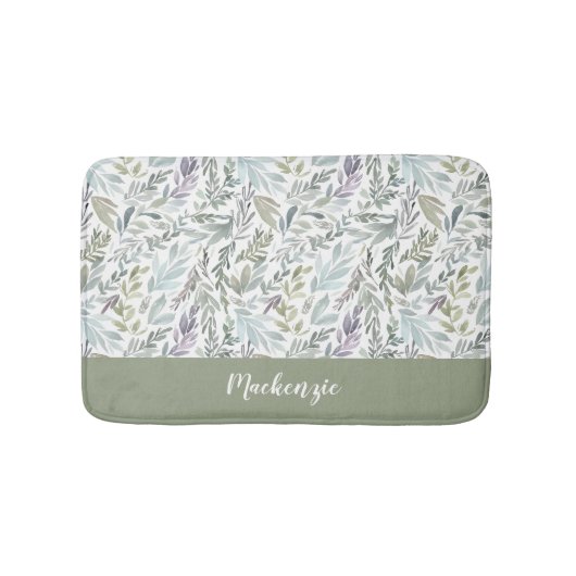 Tapis De Bain Monogramme de nom à l'aquarelle botanique bleu ver (Devant)