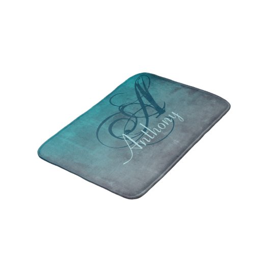 Tapis De Bain Monogramme de nom Abstrait gris Turquoise (Angle)