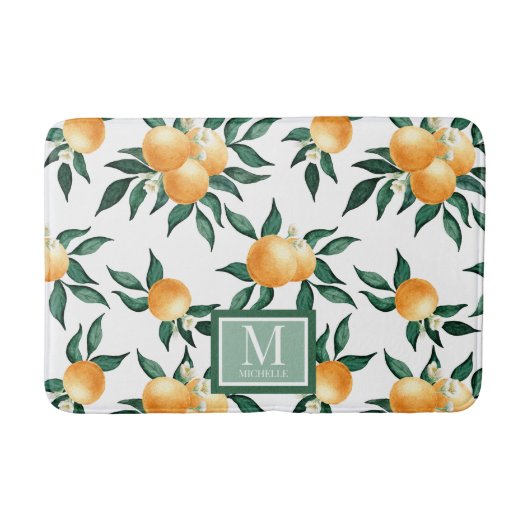Tapis De Bain Monogramme de nom aquarelle Citrus Orange (Devant)