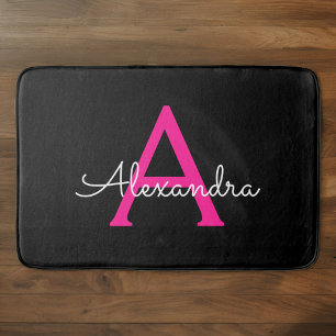 Tapis De Bain Monogramme de nom féminin écriture noire rose chau