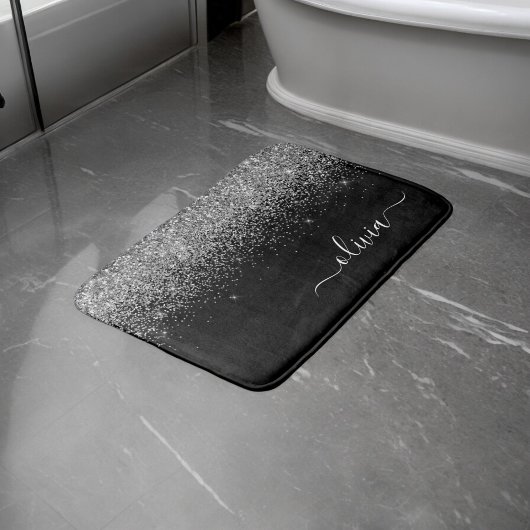 Tapis De Bain Monogramme de nom girly à paillettes argentées noi