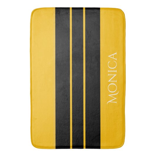 Tapis De Bain monogramme de nom moderne noir et jaune (devant Vertical)