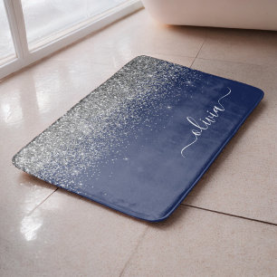 Tapis De Bain Monogramme de nom pailleté bleu marine argenté fém