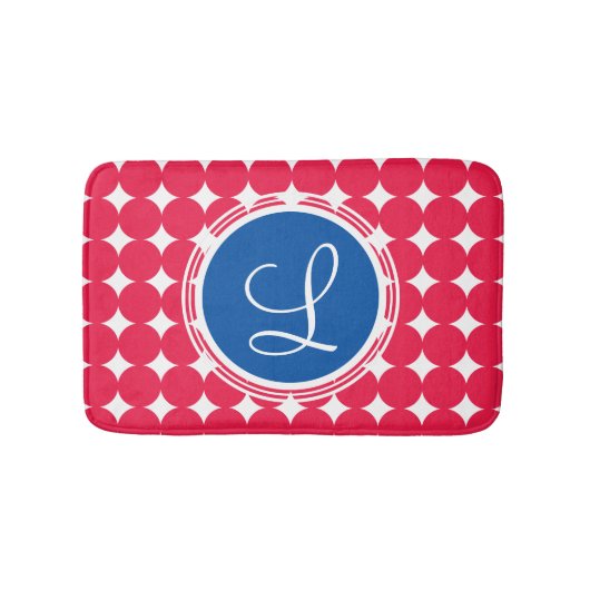Tapis De Bain Monogramme de point Polka bleu et rouge (Devant)
