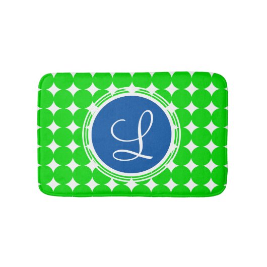 Tapis De Bain Monogramme de point Polka bleu et vert (Devant)
