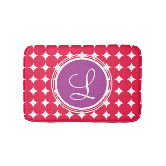 Tapis De Bain Monogramme de point Polka violet et rouge (Devant)