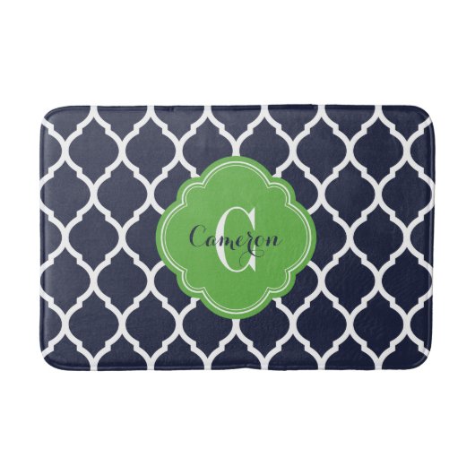 Tapis De Bain Monogramme de Quatrefoil Marocain Marine et Vert (Devant)