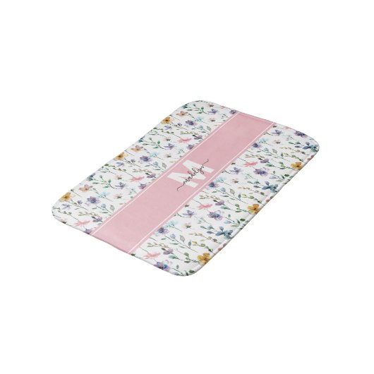 Tapis De Bain Monogramme de script Fleur sauvage élégante (Angle)
