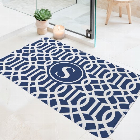 Tapis De Bain Monogramme de treillis bleu et blanc de la marine
