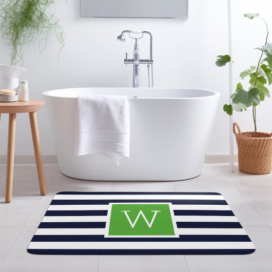 Tapis De Bain Monogramme des rayures de la marine et verte