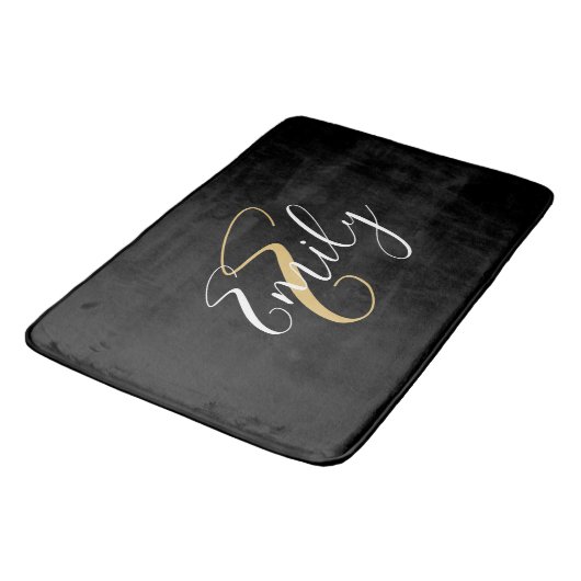 Tapis De Bain Monogramme d'or noir moderne élégant Nom du script (Angle)