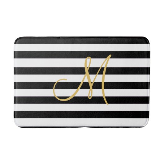 Tapis De Bain Monogramme d'or sur les rayures noires et blanches (Devant)