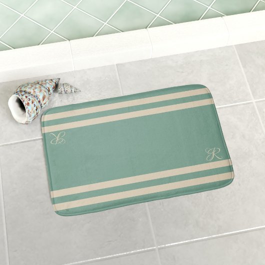 Tapis De Bain Monogramme élégant à rayures turquoise et crème