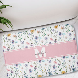 Tapis De Bain Monogramme élégant de fleurs sauvages manuscrites