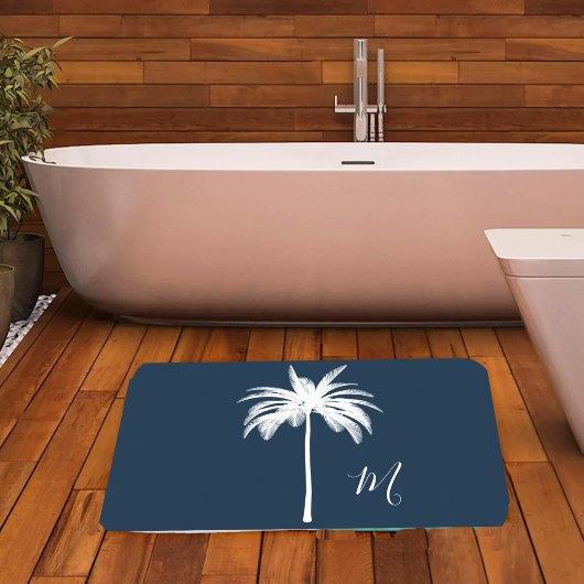 Tapis De Bain Monogramme élégant de palmier blanc tropical