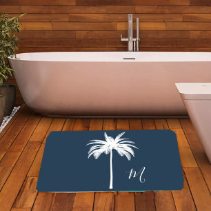 Tapis De Bain Monogramme élégant de palmier blanc tropical