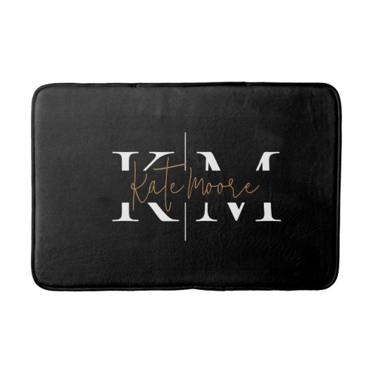 Tapis De Bain Monogramme élégant noir or Script Stylé (Devant)