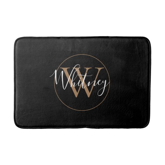 Tapis De Bain Monogramme élégant nom script Or Noir  (Devant)