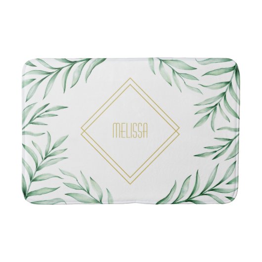 Tapis De Bain Monogramme Elégant Verdure Aquarelle Feuilles (Devant)