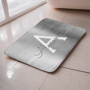 Tapis De Bain Monogramme en métal brossé argent Nom et initiale