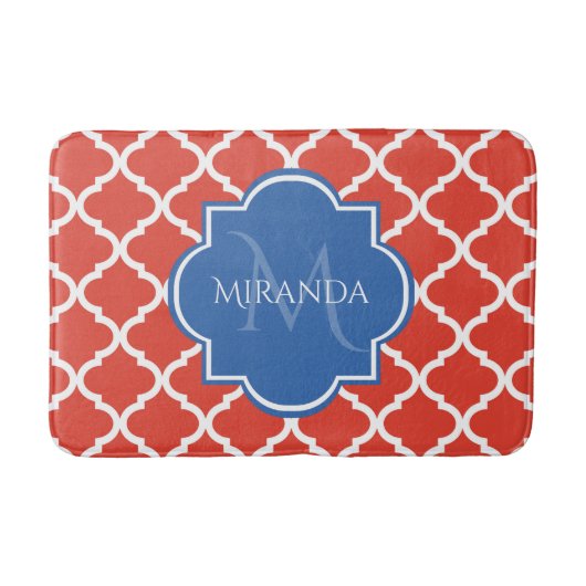 Tapis De Bain Monogramme et nom bleu Quatrefoil rouge tendance (Devant)
