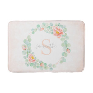 Tapis De Bain Monogramme Eucalyptus Feuille Peony Floral Peach S