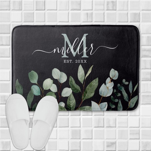 Tapis De Bain Monogramme feuilles de verdure d'eucalyptus vert s