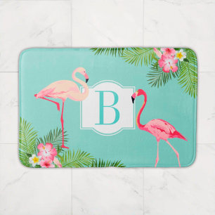 Tapis De Bain Monogramme Flamant rose tropical et fleurs d'Hibis