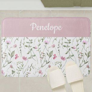 Tapis De Bain Monogramme Fleur Sauvage Aquarelle Rose Vert
