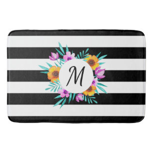 Tapis De Bain Monogramme floral à rayures noires contemporaines