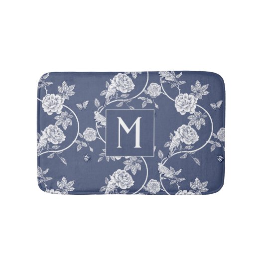 Tapis De Bain Monogramme floral de la Chinoiserie bleue (Devant)