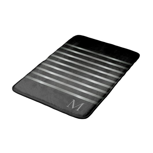 Tapis De Bain Monogramme Grilles modernes en argent sur noir (Angle)