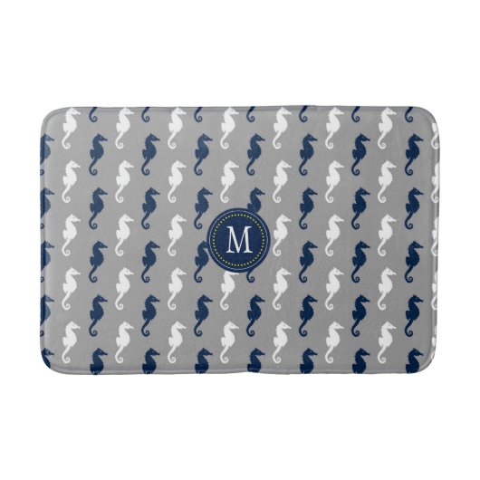 Tapis De Bain Monogramme gris de motif d'hippocampe de bleu (Devant)