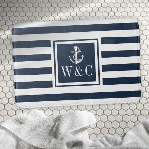 Tapis De Bain Monogramme initiales rayure bleu marine Ancre naut