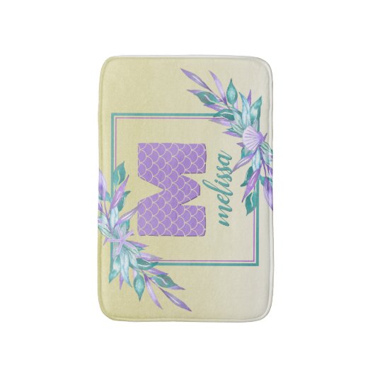 Tapis De Bain Monogramme mauve Étalons de sirène Aquarelle Ombre (Devant (Vertical))