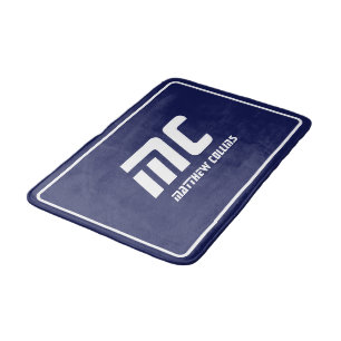 Tapis De Bain Monogramme moderne bleu Nettoyer Nom minimal Texte