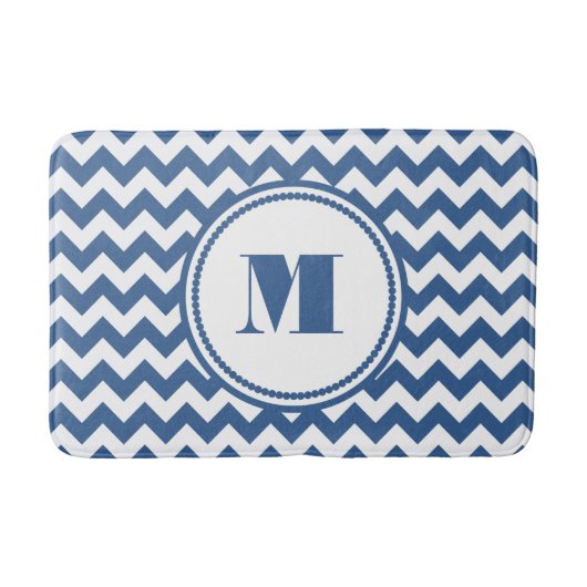 Tapis De Bain Monogramme Moderne Chevron Rayé Bleu (Devant)