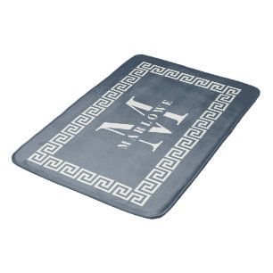 Tapis De Bain Monogramme moderne élégant Dusty bleu clé grecque 