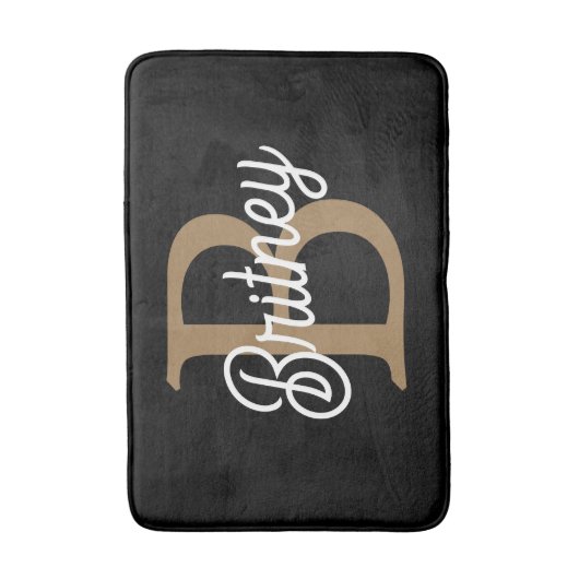 Tapis De Bain Monogramme moderne élégant Nom Black Gold Script (Devant (Vertical))