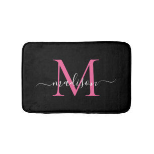 Tapis De Bain Monogramme moderne Magenta Rose noir Élégant