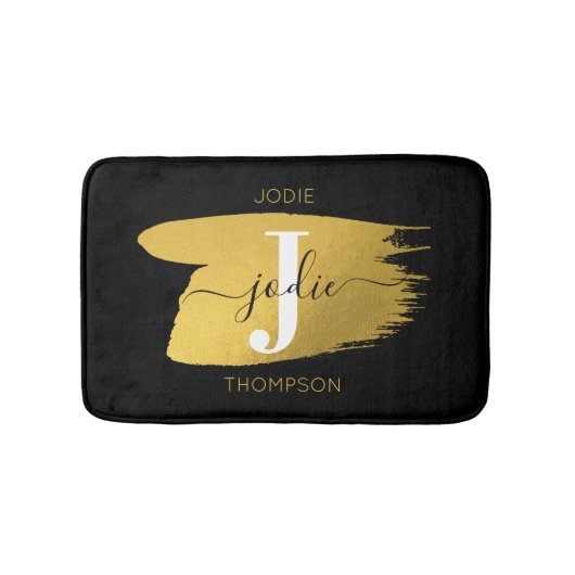 Tapis De Bain Monogramme moderne noir et or (Devant)