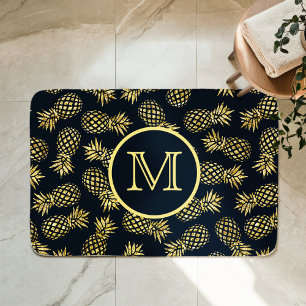 Tapis De Bain Monogramme motif ananas or bleu marine