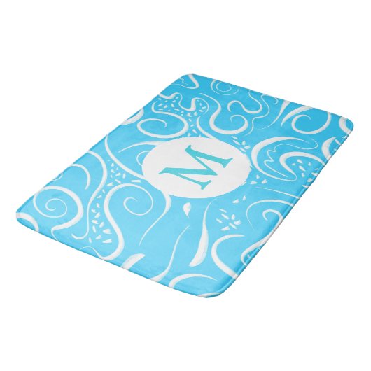 Tapis De Bain Monogramme Motif de  de tourbillons Abstraits bleu (Angle)
